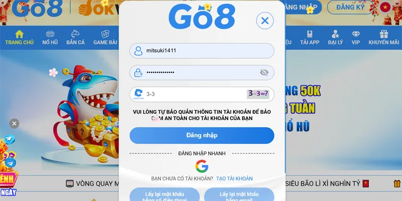 Điền thông tin yêu cầu đăng nhập Go8